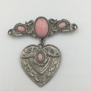 SILVER Tone Brocade Dangle Charm HEART BROOCH, Pink Plastic CABOCHON, Valentine